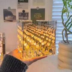 Handmade Crystal Tulip LED Lamp – Romantic Flower Night Light in Glass Cube