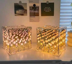 Handmade Crystal Tulip LED Lamp – Romantic Flower Night Light in Glass Cube